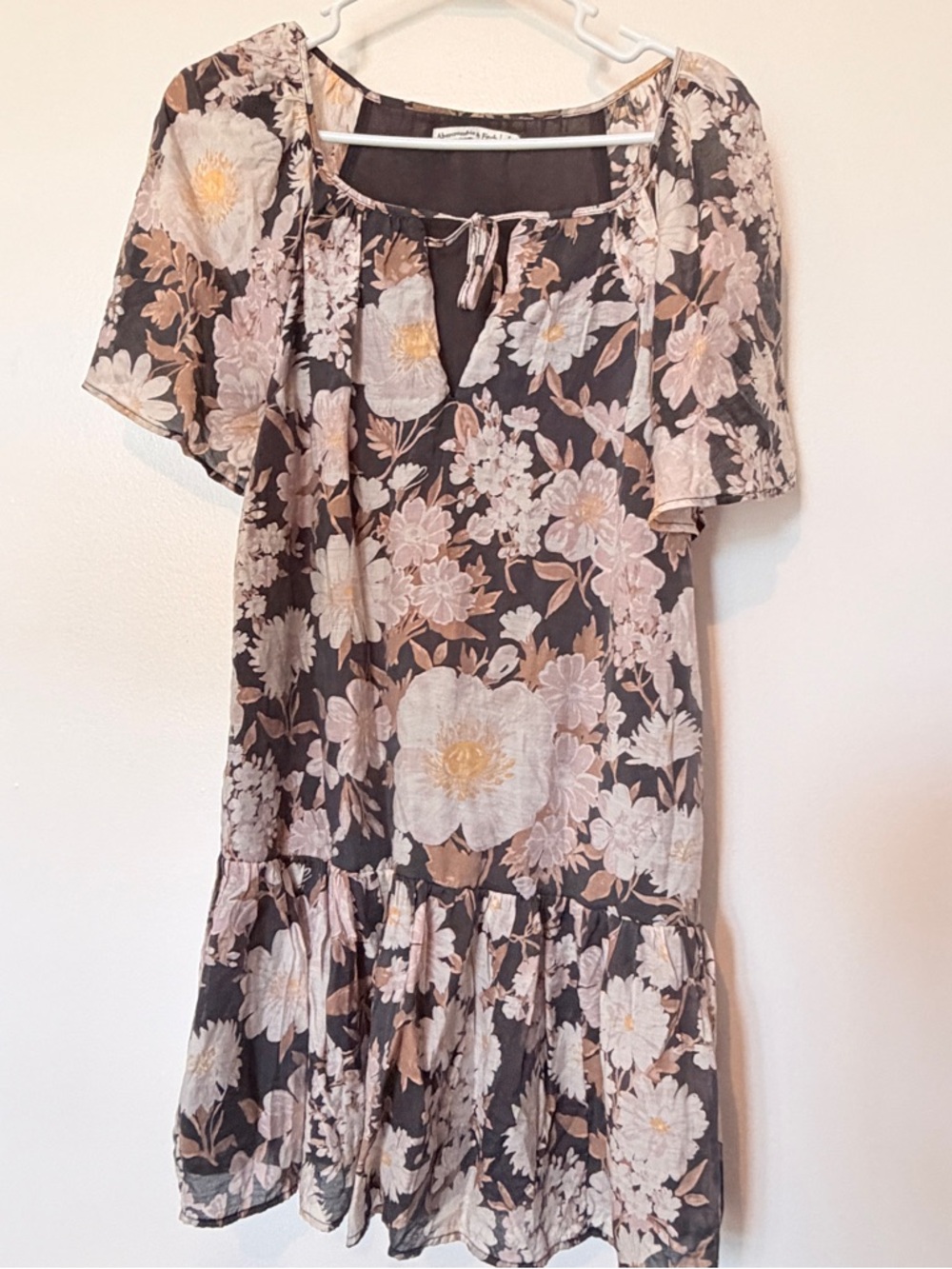 Abercrombie & Fitch Black Floral Tiered Mini Dress with Blush Accents